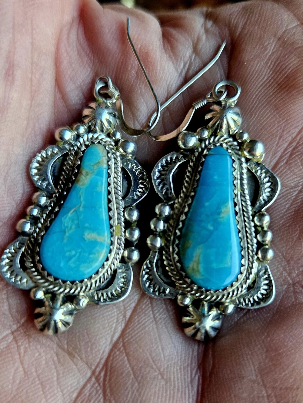 Native American Navajo Silver & Turquoise Drop Earrings